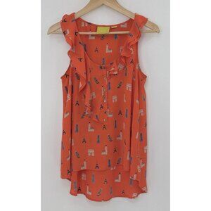 Anthropologie Maeve Aurelie Orange Travel Eiffel Tower Blouse Ruffles Sz 2, Boho